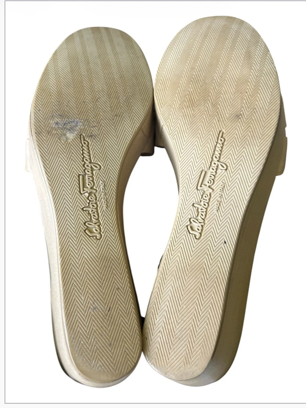 Salvatore  Ferragamo Champagne Metallic Leather Gancini Wedge Slide 7.5